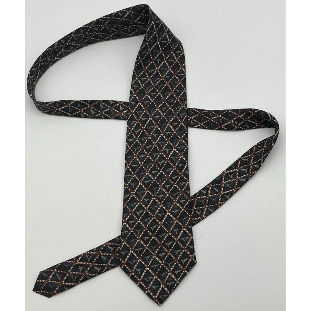 PIERRE BALMAIN Couture Tie‎ Mens OS Navy Blue Brown Geometric Silk Made in Italy